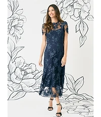 Maggy London Floral Embroidered Illusion Crew Neck Short Sleeve Ruffle Hem Midi Dress