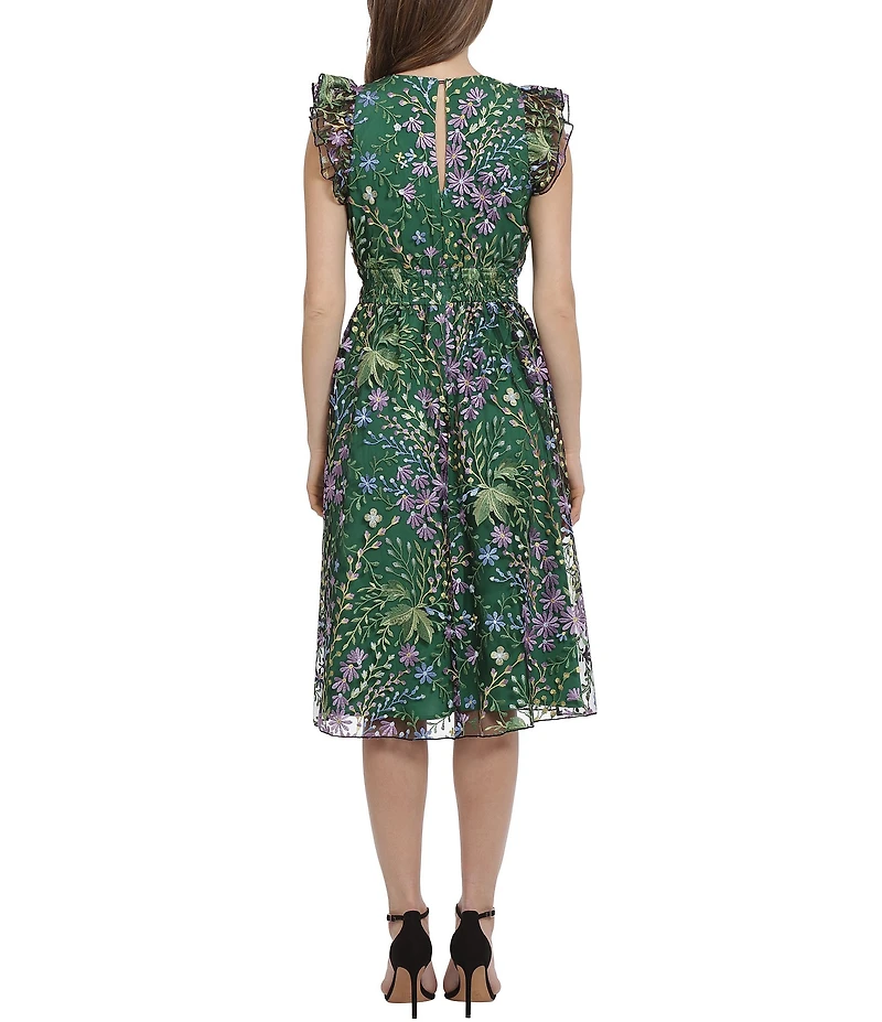 Maggy London Floral Embroidered Ruffle Trim Sleeveless A-Line Midi Dress