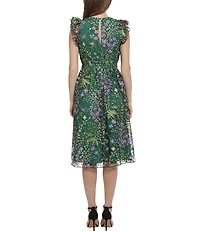 Maggy London Floral Embroidered Ruffle Trim Sleeveless A-Line Midi Dress