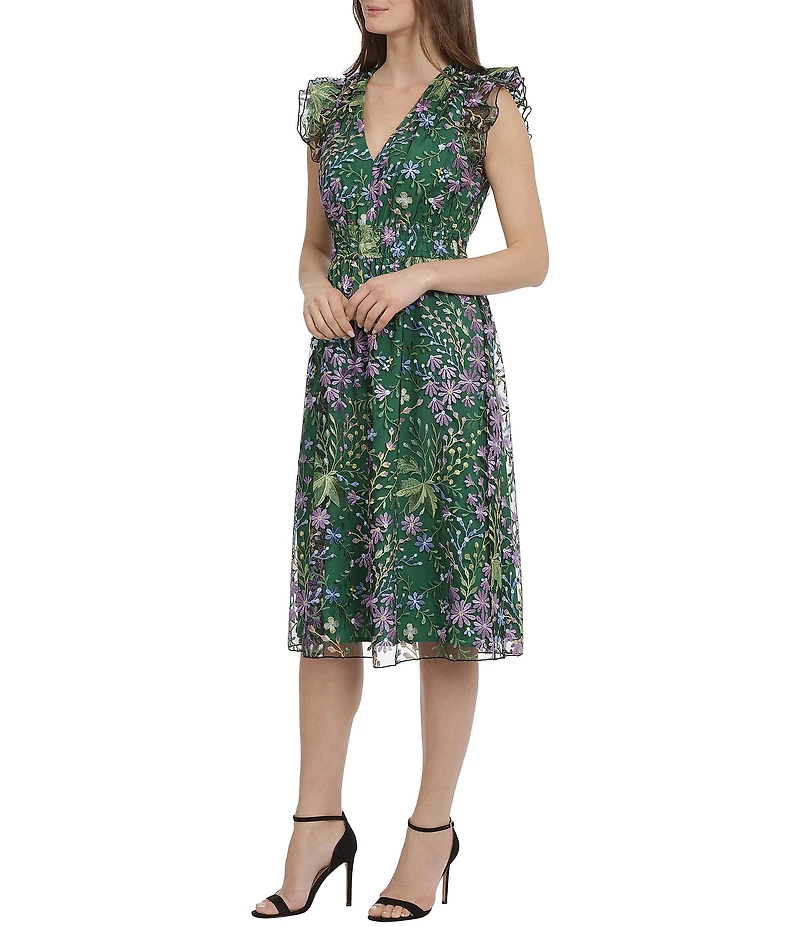 Maggy London Floral Embroidered Ruffle Trim Sleeveless A-Line Midi Dress