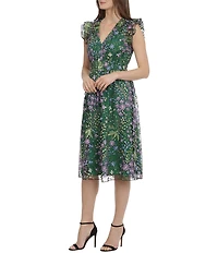 Maggy London Floral Embroidered Ruffle Trim Sleeveless A-Line Midi Dress