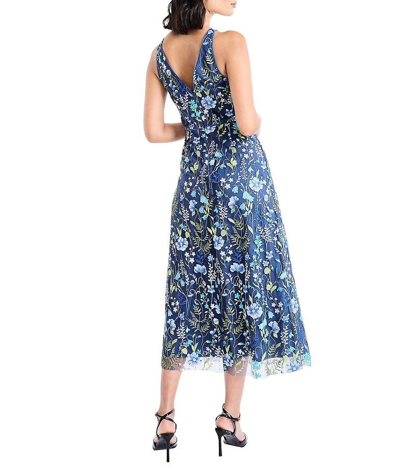 Maggy London Floral Embroidery Halter Neck Sleeveless Plunge Back Detail Midi Dress