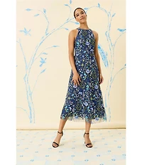 Maggy London Floral Embroidery Halter Neck Sleeveless Plunge Back Detail Midi Dress