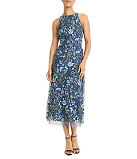 Maggy London Floral Embroidery Halter Neck Sleeveless Plunge Back Detail Midi Dress