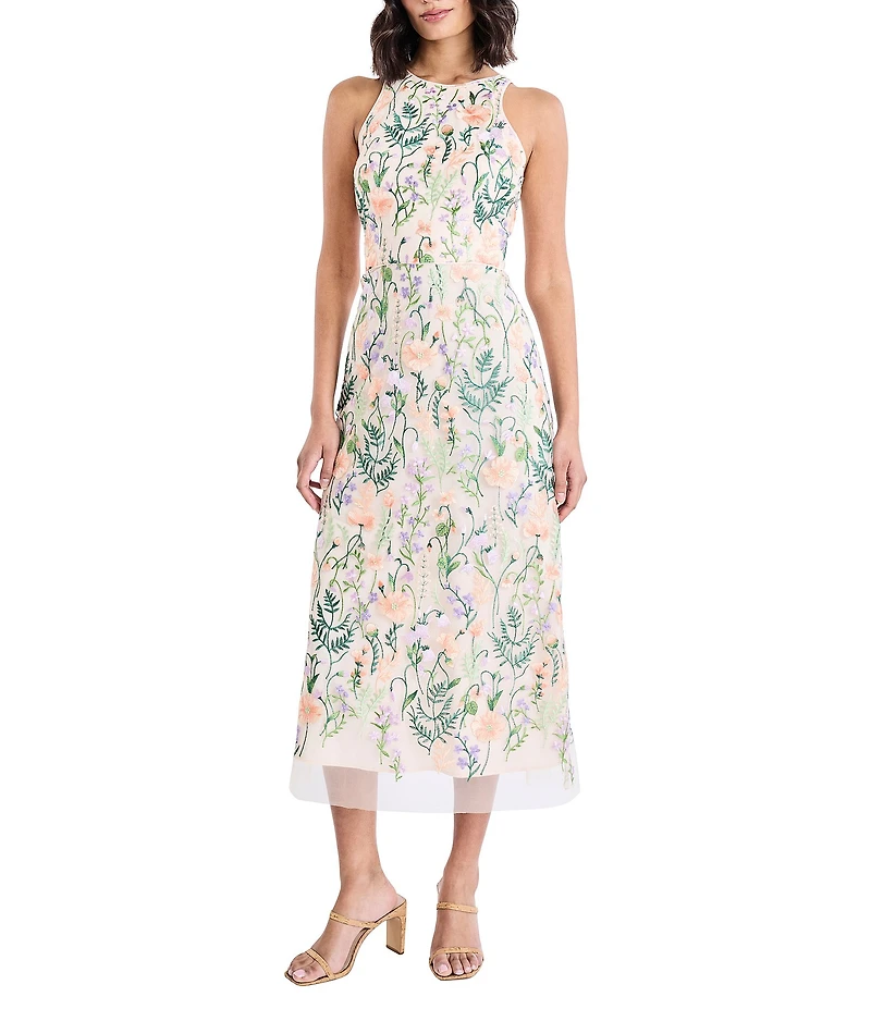 Maggy London Floral Embroidery Halter Neck Sleeveless Plunge Back Detail Midi Dress