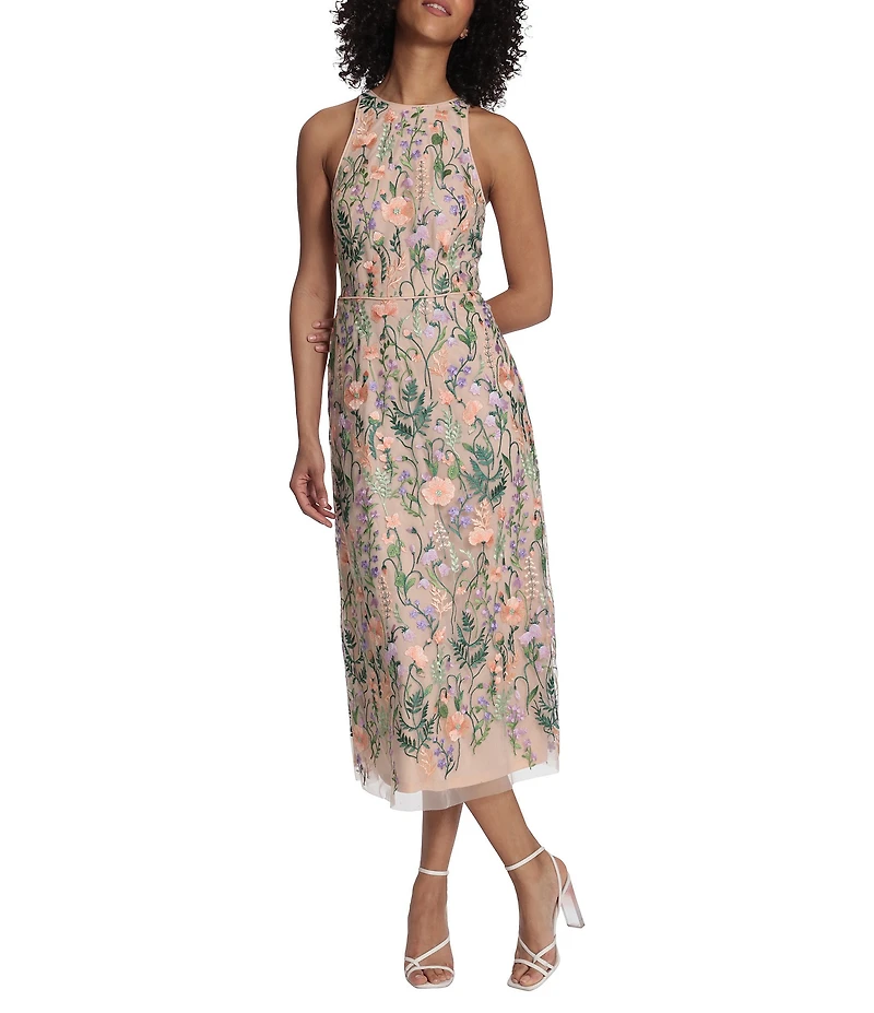 Maggy London Floral Embroidery Halter Neck Sleeveless Plunge Back Detail Midi Dress