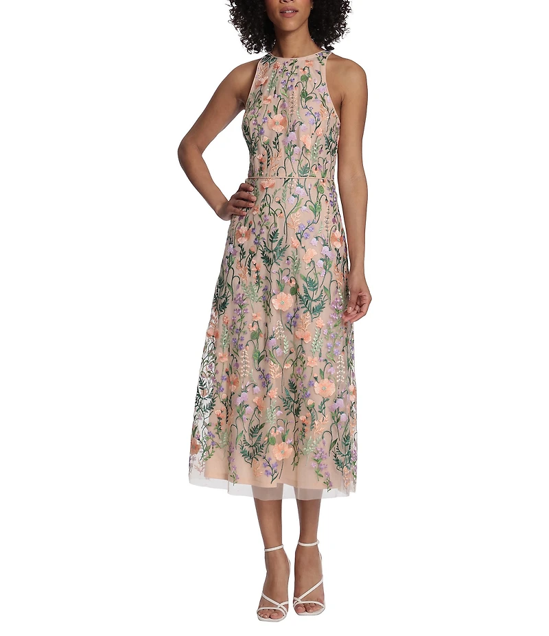 Maggy London Floral Embroidery Halter Neck Sleeveless Plunge Back Detail Midi Dress