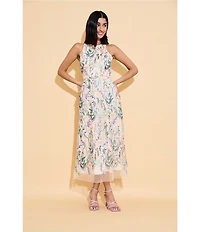 Maggy London Floral Embroidery Halter Neck Sleeveless Plunge Back Detail Midi Dress