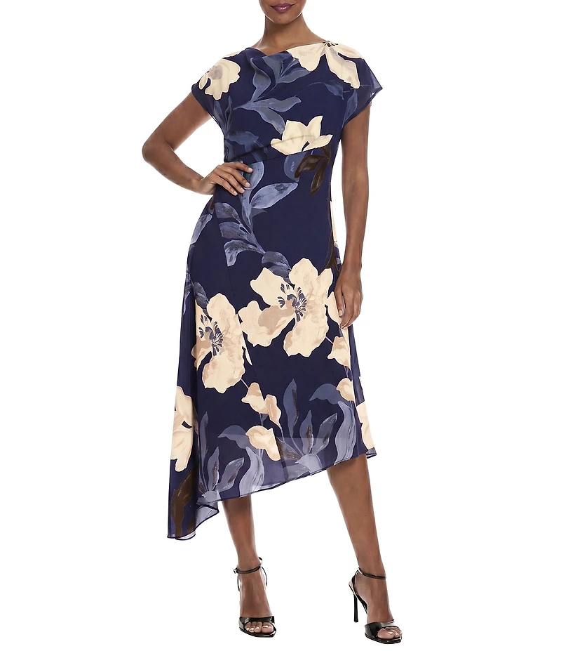 Maggy London Floral Georgette Cowl Neck Cap Sleeve Asymmetrical Hem Midi Dress