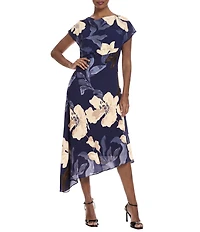 Maggy London Floral Georgette Cowl Neck Cap Sleeve Asymmetrical Hem Midi Dress