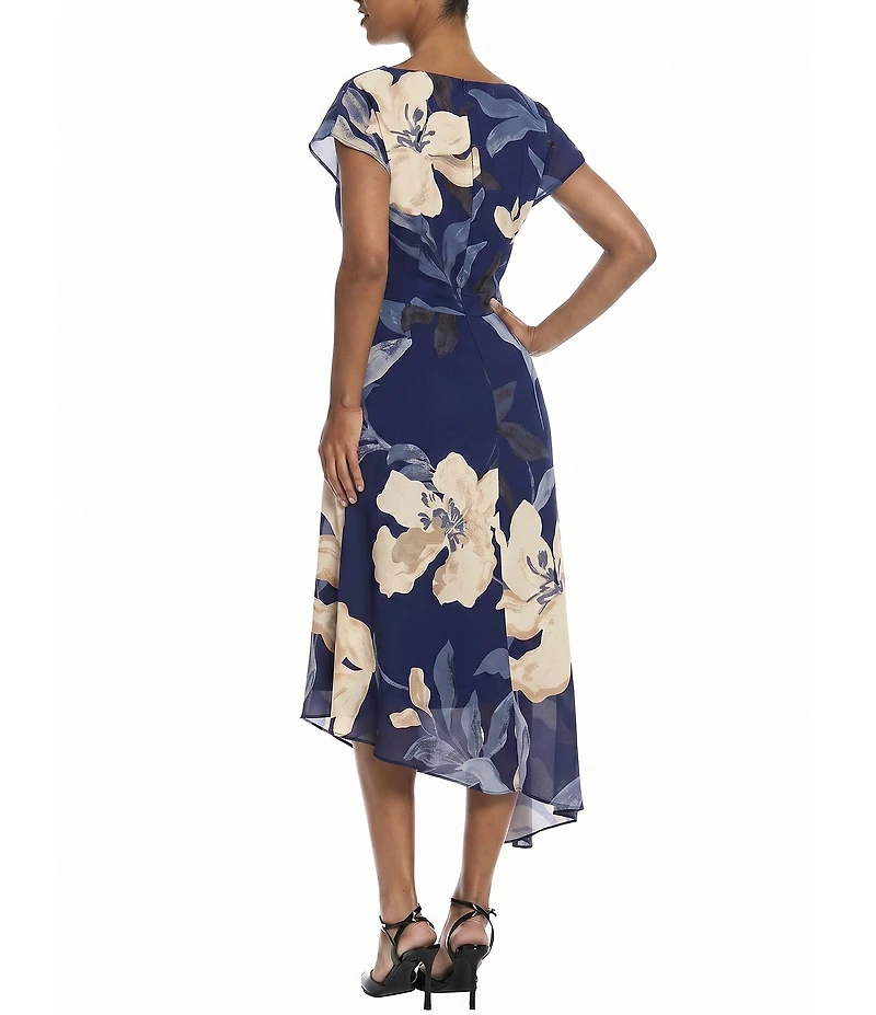 Maggy London Floral Georgette Cowl Neck Cap Sleeve Asymmetrical Hem Midi Dress