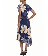 Maggy London Floral Georgette Cowl Neck Cap Sleeve Asymmetrical Hem Midi Dress