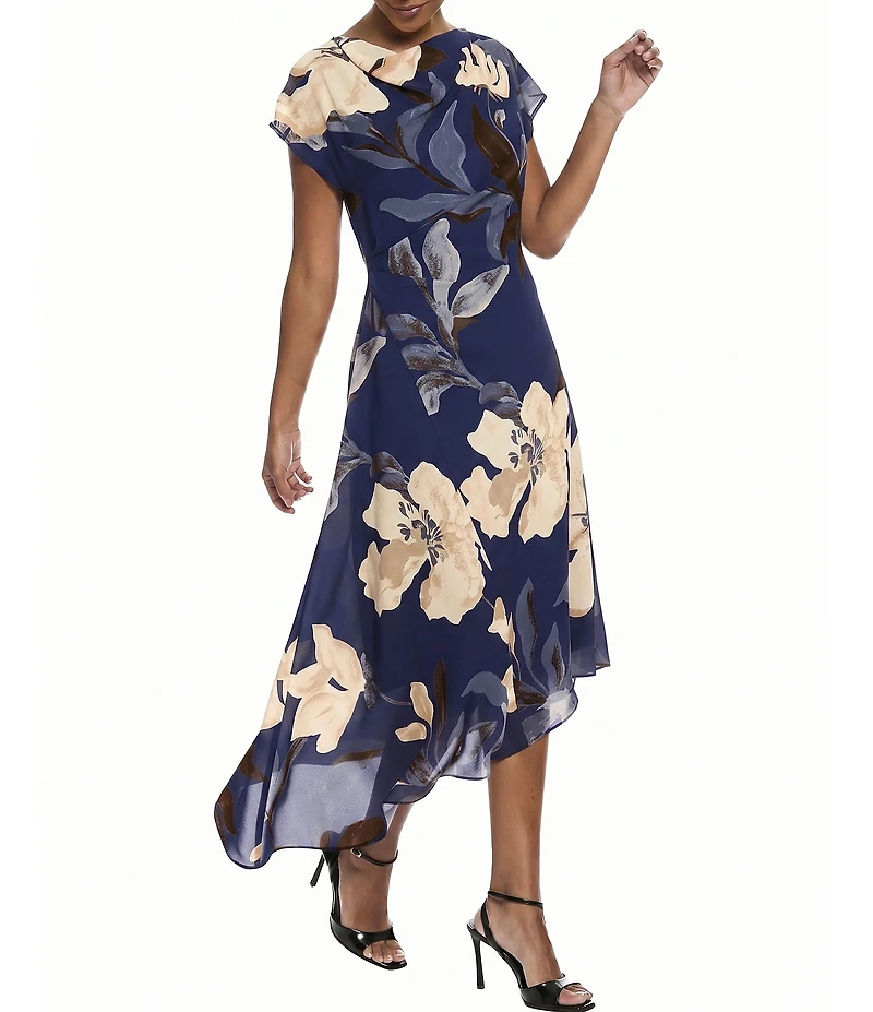 Maggy London Floral Georgette Cowl Neck Cap Sleeve Asymmetrical Hem Midi Dress