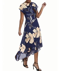 Maggy London Floral Georgette Cowl Neck Cap Sleeve Asymmetrical Hem Midi Dress