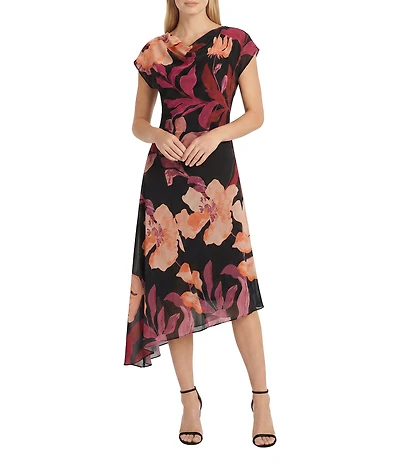 Maggy London Floral Georgette Cowl Neck Cap Sleeve Asymmetrical Hem Midi Dress