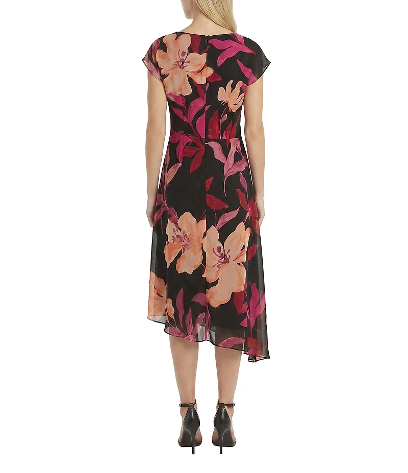 Maggy London Floral Georgette Cowl Neck Cap Sleeve Asymmetrical Hem Midi Dress