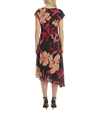 Maggy London Floral Georgette Cowl Neck Cap Sleeve Asymmetrical Hem Midi Dress