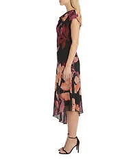 Maggy London Floral Georgette Cowl Neck Cap Sleeve Asymmetrical Hem Midi Dress