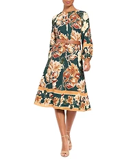 Maggy London Floral Print 3/4 Sleeve Crew Neck Tree Bark Crepe Midi Dress