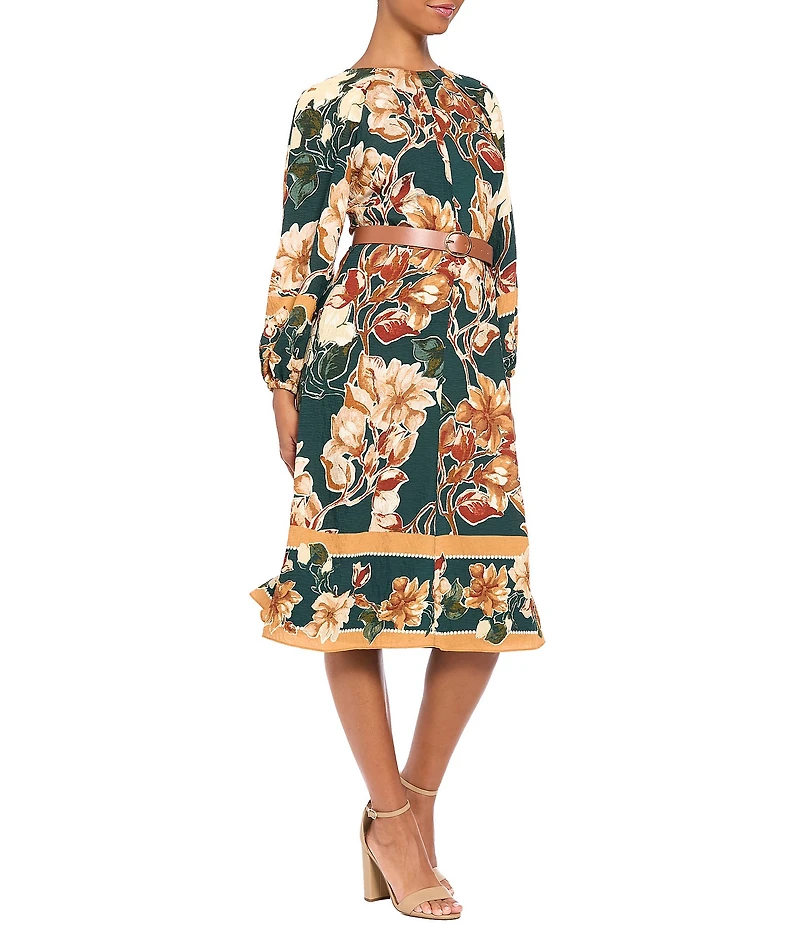Maggy London Floral Print 3/4 Sleeve Crew Neck Tree Bark Crepe Midi Dress