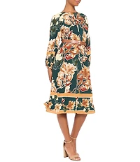 Maggy London Floral Print 3/4 Sleeve Crew Neck Tree Bark Crepe Midi Dress