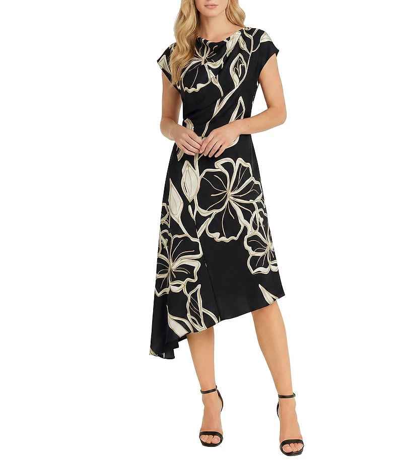 Maggy London Floral Print Cap Sleeve Asymmetrical Hem Charmeuse Midi Dress