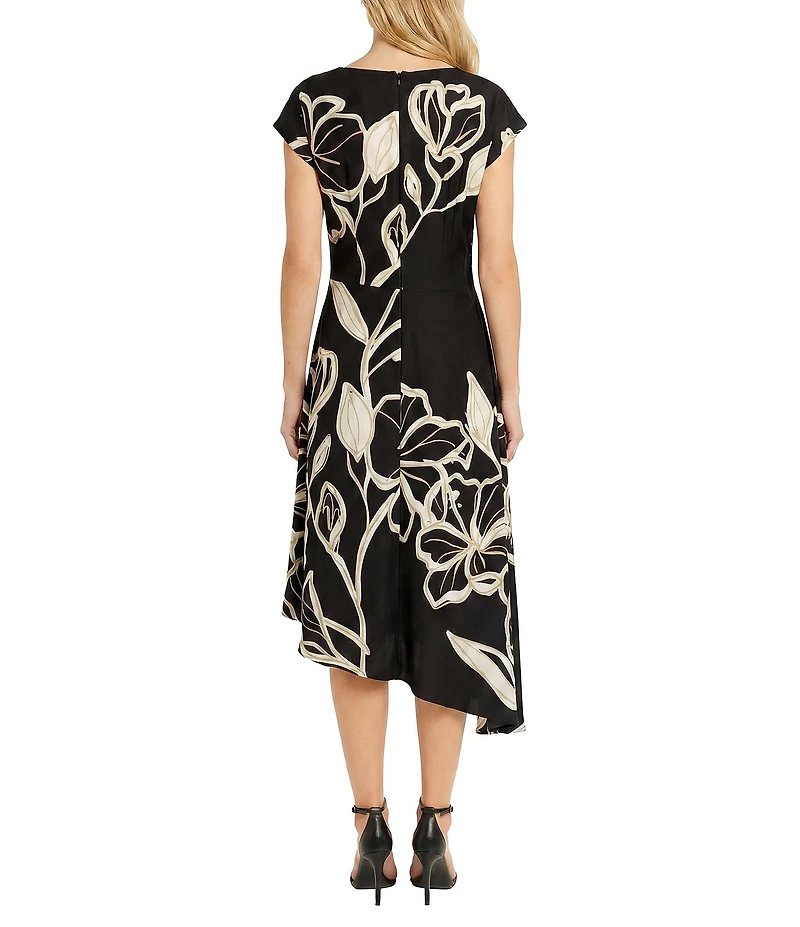Maggy London Floral Print Cap Sleeve Asymmetrical Hem Charmeuse Midi Dress