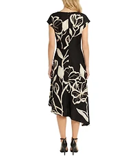Maggy London Floral Print Cap Sleeve Asymmetrical Hem Charmeuse Midi Dress