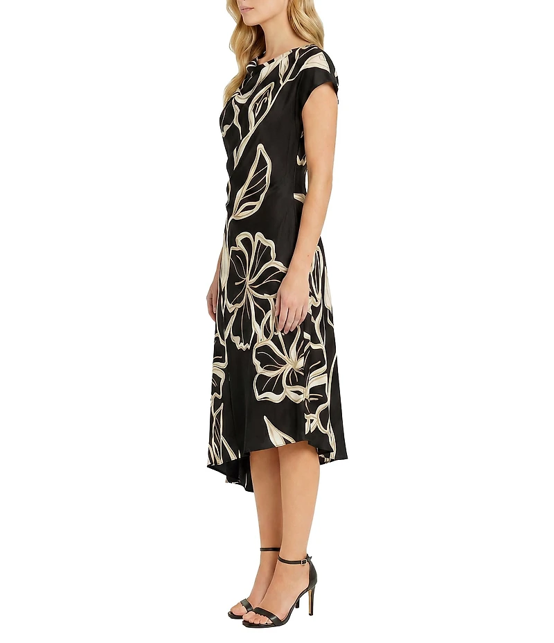 Maggy London Floral Print Cap Sleeve Asymmetrical Hem Charmeuse Midi Dress