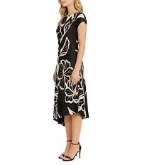 Maggy London Floral Print Cap Sleeve Asymmetrical Hem Charmeuse Midi Dress