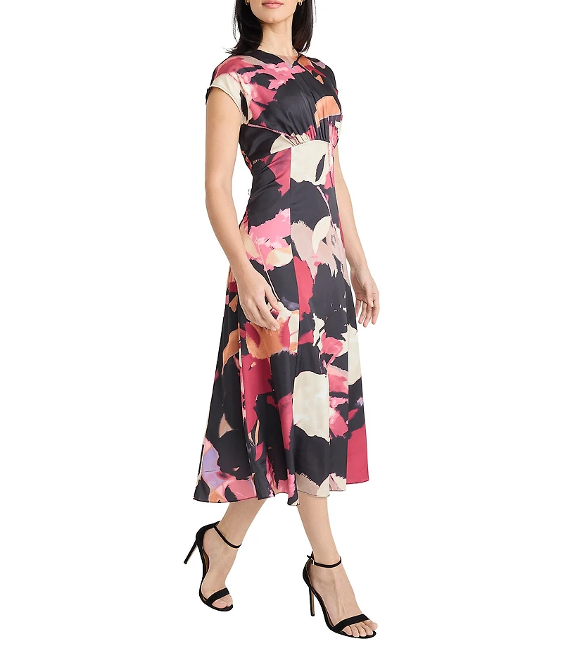 Maggy London Floral Print Charmeuse Crew Neck Cap Sleeve A-Line Midi Dress