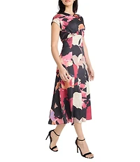 Maggy London Floral Print Charmeuse Crew Neck Cap Sleeve A-Line Midi Dress