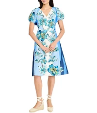 Maggy London Floral Print Cotton Poplin V-Neck Short Puff Sleeve Dress