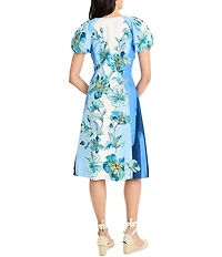Maggy London Floral Print Cotton Poplin V-Neck Short Puff Sleeve Dress