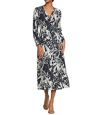 Maggy London Floral Print Crinkle Rayo V-Neck Button Front Midi Shirt Dress