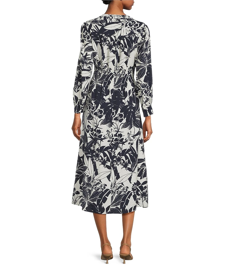 Maggy London Floral Print Crinkle Rayo V-Neck Button Front Midi Shirt Dress