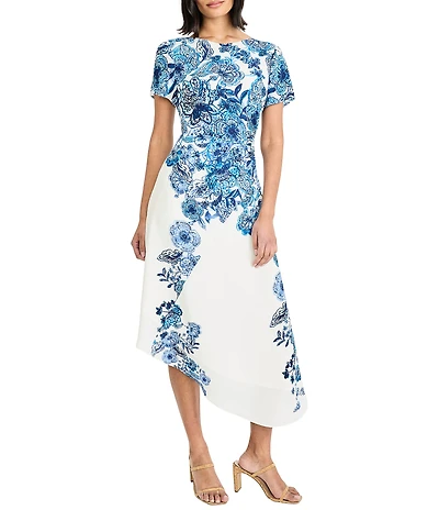 Maggy London Floral Print Georgett Boat Neck Asymmetrical Short Sleeve Midi Dress