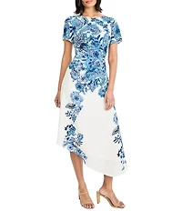 Maggy London Floral Print Georgett Boat Neck Asymmetrical Short Sleeve Midi Dress