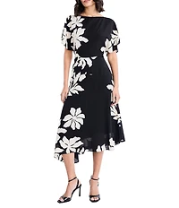 Maggy London Floral Print Georgette Boat Neck Ruffle Sleeve Asymmetrical A-Line Midi Dress
