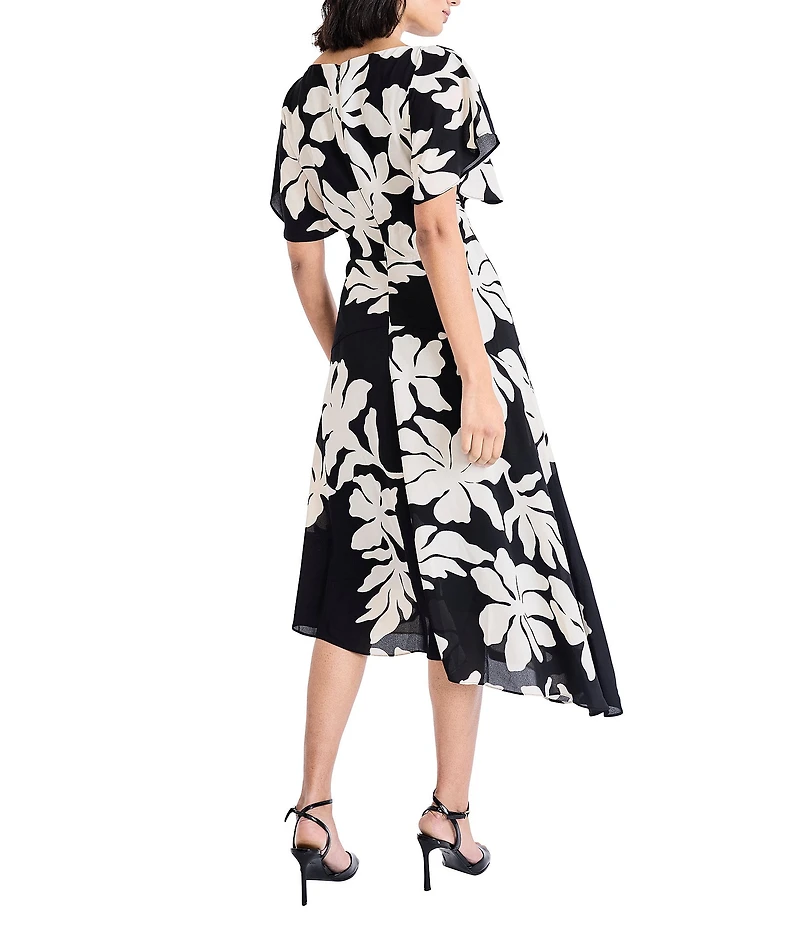 Maggy London Floral Print Georgette Boat Neck Ruffle Sleeve Asymmetrical A-Line Midi Dress