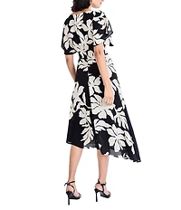Maggy London Floral Print Georgette Boat Neck Ruffle Sleeve Asymmetrical A-Line Midi Dress