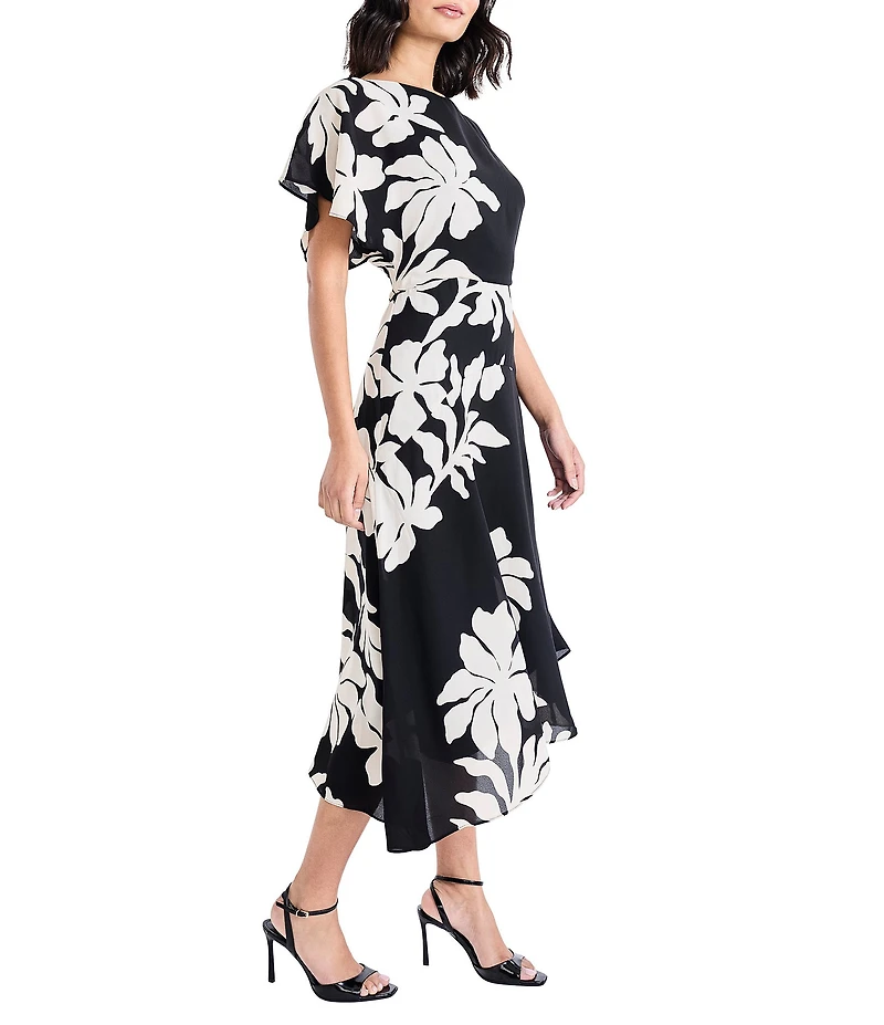 Maggy London Floral Print Georgette Boat Neck Ruffle Sleeve Asymmetrical A-Line Midi Dress