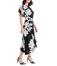 Maggy London Floral Print Georgette Boat Neck Ruffle Sleeve Asymmetrical A-Line Midi Dress