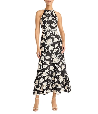 Maggy London Floral Print Halter Neck Charmeuse Long Dress