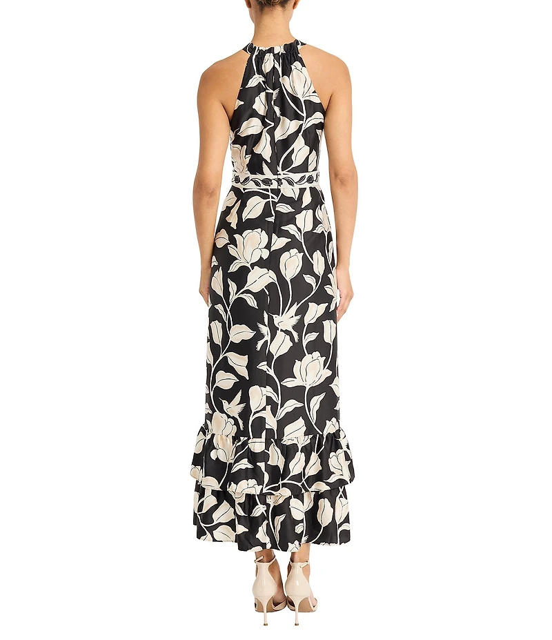 Maggy London Floral Print Halter Neck Charmeuse Long Dress