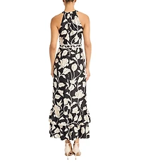 Maggy London Floral Print Halter Neck Charmeuse Long Dress