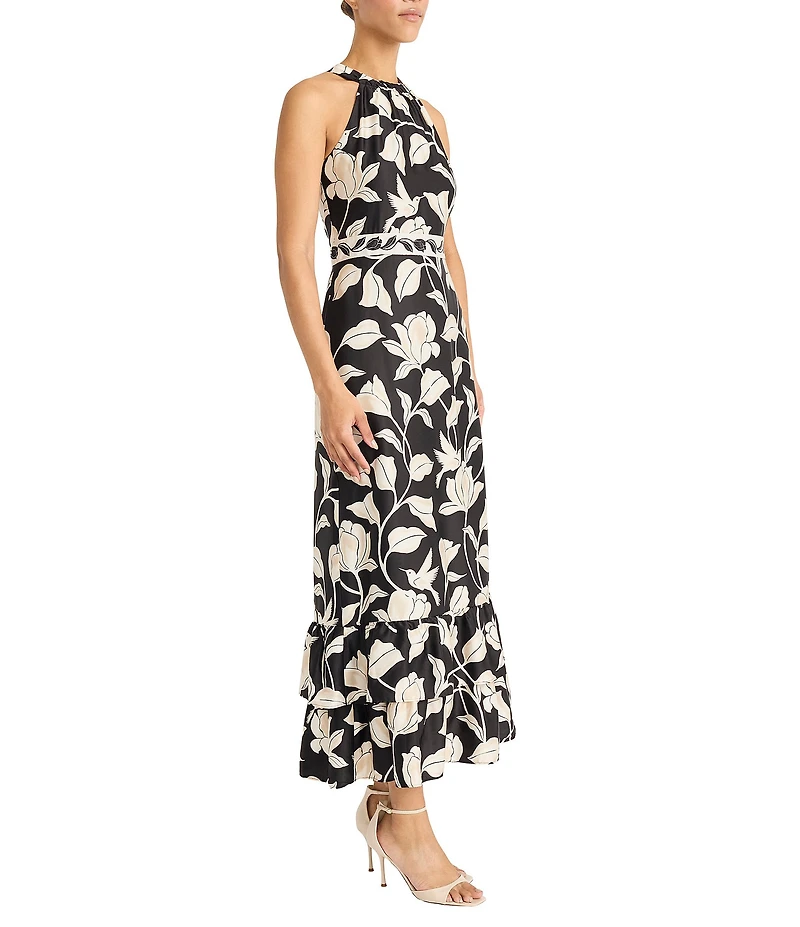 Maggy London Floral Print Halter Neck Charmeuse Long Dress