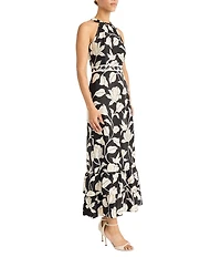 Maggy London Floral Print Halter Neck Charmeuse Long Dress