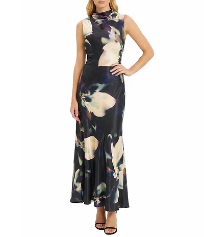 Maggy London Floral Print High Cowl Neck Sleeveless Charmeuse Long Dress