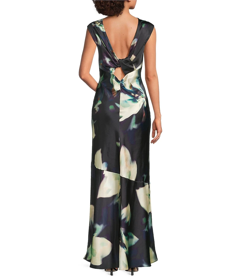 Maggy London Floral Print High Cowl Neck Sleeveless Charmeuse Long Dress